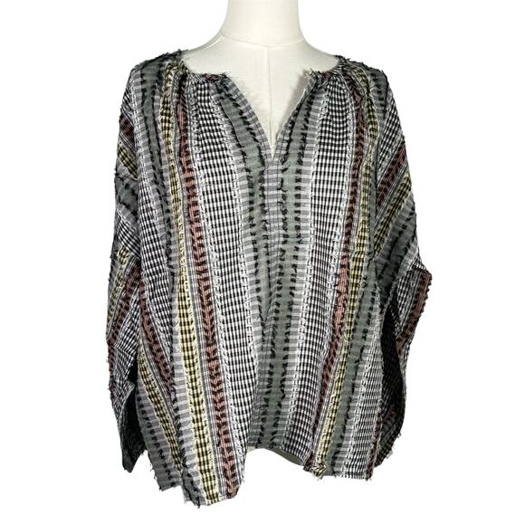 Lou & Grey Striped Textured‎ Peasant Blouse Medium Multicolor Gingham Cotton Top - Picture 1 of 13